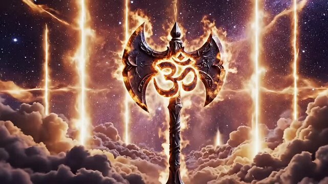 Divine flaming sacred axe with om symbol rising through cosmic clouds during parshuram jayanti celebration hindu mythology spiritual animated motion background video footage
