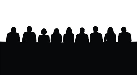 Obraz premium Press Conference Panel Silhouette with Professional Speakers at Media Event Design Template
