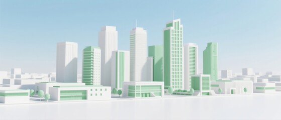 Fototapeta premium Modern cityscape with high-rise buildings and green architectural elements under a clear sky