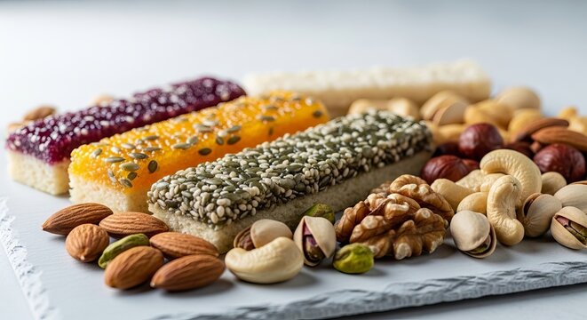 Nutrition health and wellness for a balanced diet with energy bars showcasing various flavors alongside mixed nuts and dried fruits on a stone surface Protein fitness and healthy eating with