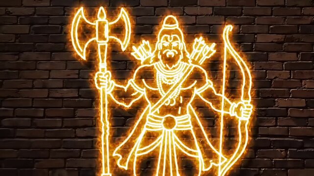Glowing neon warrior sage holding sacred axe and bow on brick wall background celebrating parshuram jayanti hindu mythology animated spiritual motion video footage