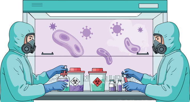 Scientists in hazmat suits handle lab equipment and samples inside a biosafety cabinet with various containers and biohazard symbols nearby.