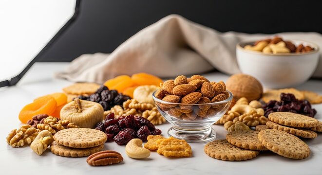 Nuts dried fruits and crackers arranged for a healthy snack selection during afternoon tea with assorted almonds cashews and walnuts presented in glass bowl Gourmet food snacking and indulgence with