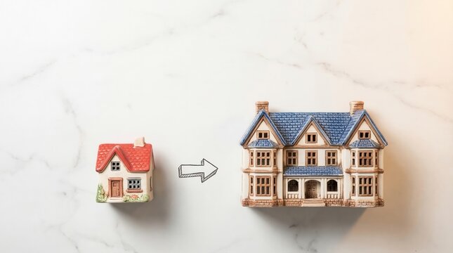 mortgage property terms value paperwork concept. Small house model with arrow pointing to larger house model, symbolizing upsizing