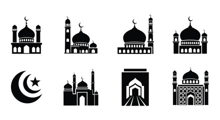 Collection of black silhouette islamic mosque and crescent moon icons © Begum