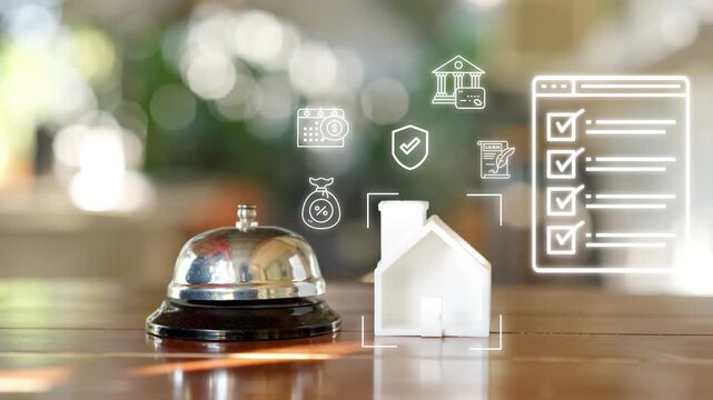 white house model and service bell with digital document checklist and financial icons for mortgage application and home insurance processing concept.