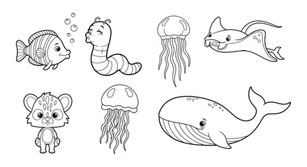 Charming cartoon illustration of various sea creatures and a playful seal © Begum