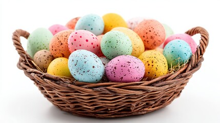Colorful Easter basket with painted eggs, white studio background, festive spring still life with copy space