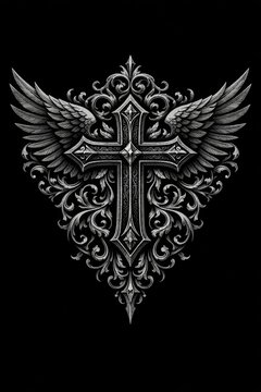 Highly detailed winged cross illustration with elaborate scrollwork and gothic flourishes set against black, ideal for faith apparel, tattoo art, or inspirational designs.