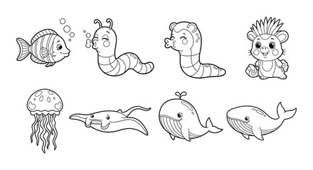 Charming cartoon illustration of various sea creatures and a playful seal © Begum