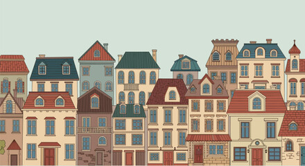 Fototapeta premium Panoramic view of colorful historic european houses standing in a row with various architectural styles and beautiful facades.