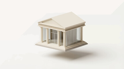 Modern minimalist 3D render of a classical building, symbolizing finance, law, and institutional stability, presented with clean lines and a pristine floating design