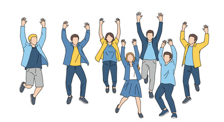 Obraz premium Large group of diverse young people jumping together with their arms raised in excitement celebrating success or freedom.