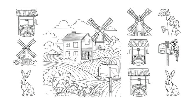 Detailed line art illustration of a farmhouse mailbox and rural elements