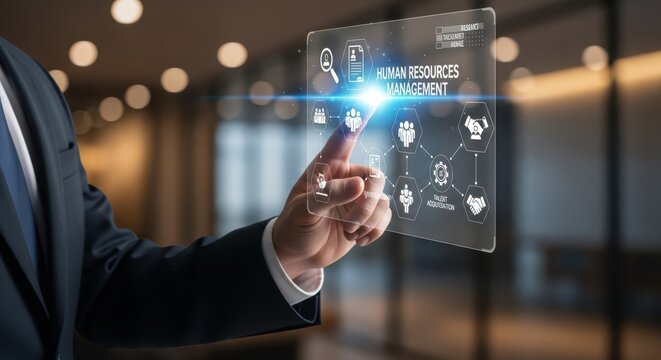Hand of Businessman Touching Human Resources Management Concept on Virtual Screen Interface for Hiring