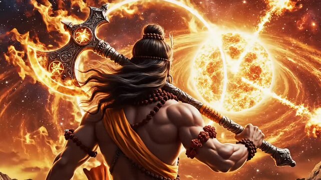 Parshuram jayanti divine hindu warrior sage with sacred axe cosmic fire power mythological india culture celebration animated spiritual background motion video footage
