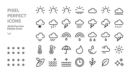 Naklejka premium Pixel perfect weather icons set including sun cloud rain snow storm wind and climate symbols