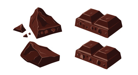 Selection of high-quality dark chocolate pieces and bars showing rich texture and appetizing brown tones for food industry.