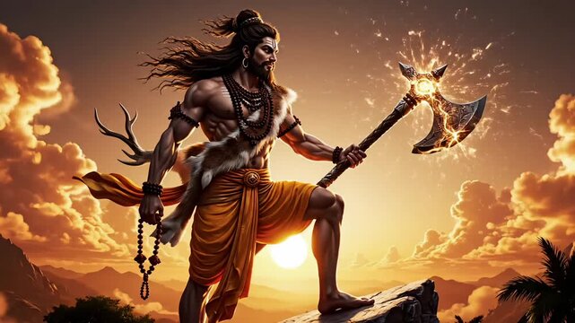 Parshuram jayanti hindu warrior sage standing with sacred axe at sunrise divine mythology india culture celebration spiritual animated background motion video footage