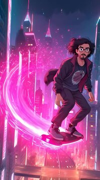 Un joven surfeando una tabla flotante en una metr&oacute;polis futurista.