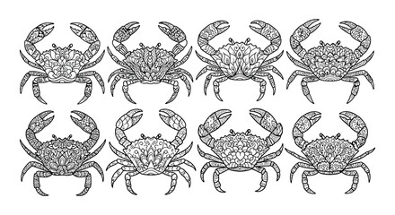 Intricate designs of eight crabs arranged in a grid pattern © Begum