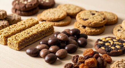 Fototapeta premium Snacks treats and confectionery assortment on wooden surface for healthy eating dietary choices and mindful indulgence with various cookies chocolate bars and dried fruits displayed attractively