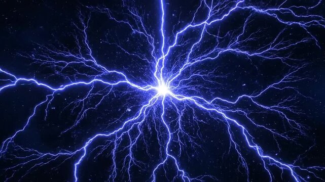 Ultra cinematic 4K abstract neural storm composed of electric lightning branches forming neural network structures in dark space, glowing energy pulses traveling across lightning connections,