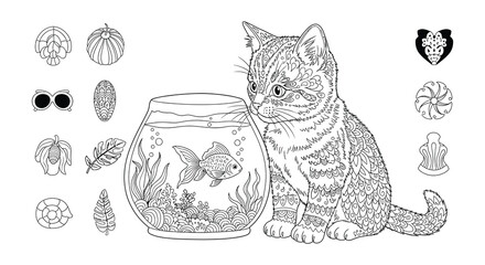 Fototapeta premium Intricate drawing of a cat curiously interacting with a fish tank