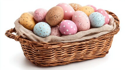 Easter eggs in wicker basket, colorful painted eggs, spring holiday still life, isolated on white background with copy space