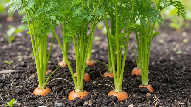 Fresh carrots growing in soil with green tops in garden setting  