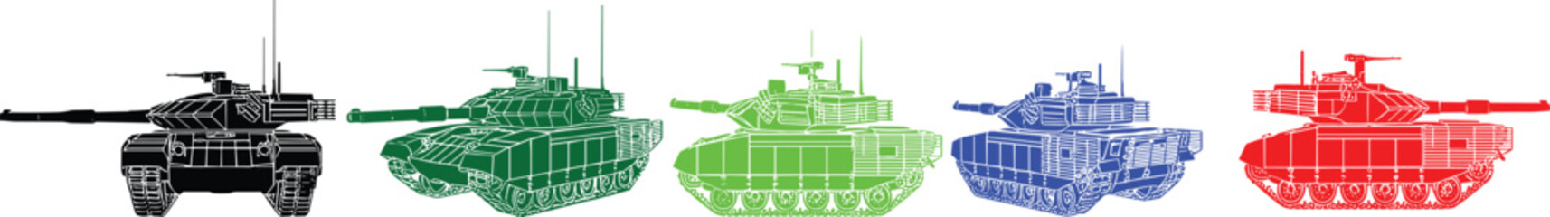 Military tank silhouettes set, modern armored combat vehicles in multiple colors, battlefield defense equipment collection isolated detailed vector illustration © Md Obaydul Haque