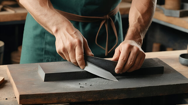 Close-up of unrecognizable artisan in apron using knife grinding jig to sharpen knife blade in smithy