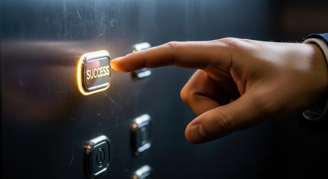 Close Up of Finger of Businessman Pressing the Button in the Elevator Control Panel for Success
