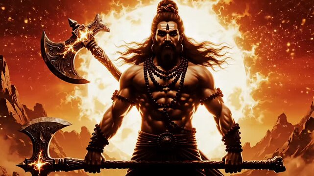 Parshuram jayanti hindu warrior sage holding axe divine power spiritual fire background mythology india religious celebration animated motion video footage