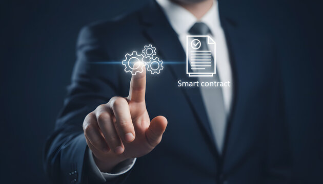 A professional businessman in a dark suit and tie points to a glowing virtual interface displaying smart contract symbols and interconnected gears rep