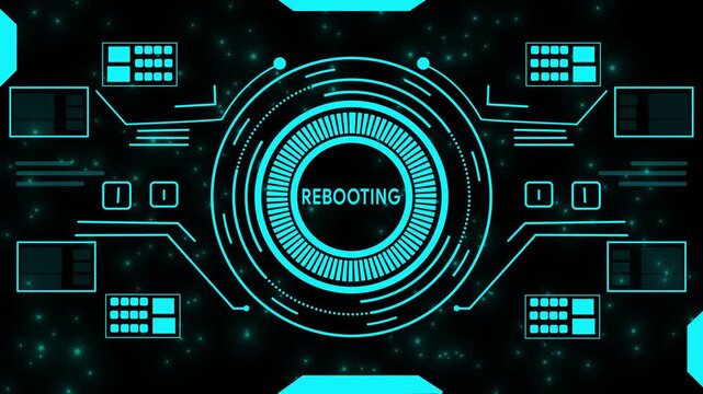 Futuristic HUD Interface with REBOOTING Text and Digital Data Visualization