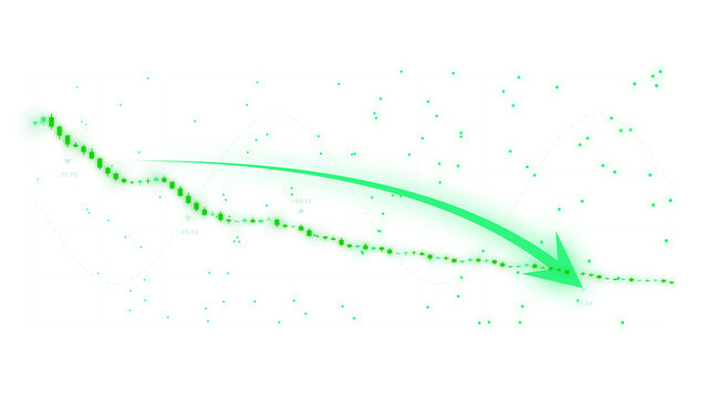 PNG image of Abstract glowing green downward trend line with arrow and scattered particles, depicting decline, loss, or decreasing data in a modern digital illustration isolated on Transparent