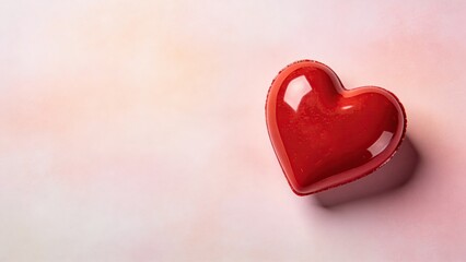 Fototapeta premium Red heart-shaped object on soft pink background 
