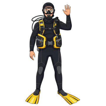 Scuba diver in full gear giving a peace sign underwater