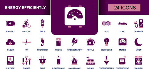 Energy efficiency icon set. Containing battery, LED bulb, solar panel, EV charger, smart home, meter, thermostat, fridge, washer, footprint and more. Solid fill vector icons collection. © Mellisa