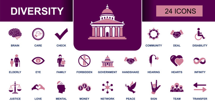 Diversity icon set. Containing community, disability, elderly, family, justice, equality, inclusion, sign language, mental health, teamwork and more. Solid fill vector icons collection.