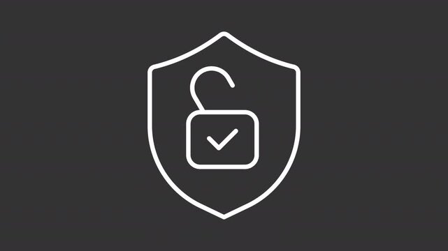 Animated verified security white line icon. Shield with lock animation. Secure access. Internet safety technology. Closed access. Isolated element on dark background. Alpha transparent video