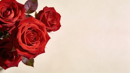 Fototapeta premium Red roses arranged together on a neutral background 