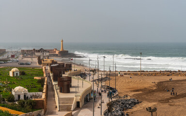 Panoramic View of Rabat Coastline with Lighthouse and Public Beach