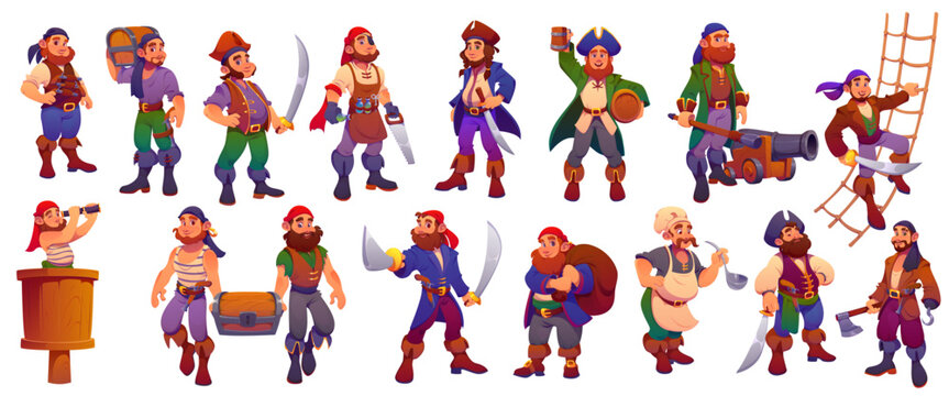 Cartoon pirate ship crew characters of vector corsair captain, sailor, boatswain and skipper, cook, gunner and cabin boy personages. Funny pirates with captain hats, treasure chests, swords and guns