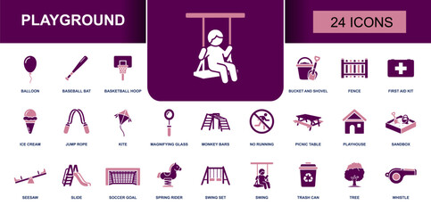 Playground icon set. Containing swing, slide, seesaw, monkey bars, sandbox, jump rope, kite, balloon, soccer goal, basketball hoop, first aid kit and more. Solid fill vector icons collection. © Mellisa