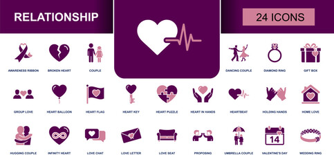 Obraz premium Relationship icon set. Containing couple, love, heart, heartbeat, holding hands, hugging, proposing, diamond ring, love letter, valentine�s day and more. Solid fill vector icons collection.