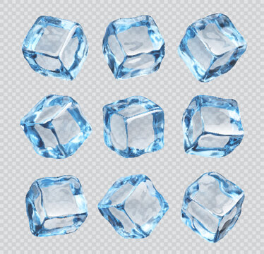 Realistic ice cubes, isolated crystal ice blocks on transparent background. Vector 3d frozen drinking water cubes with translucent blue square facets and icy texture, cool frosty crystals set