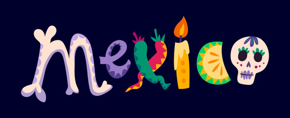 Mexican motif typography decoration or object. Hispanic motif isolated embroidery, Mexico culture colorful vector decoration, folk typography with sugar skull, skeleton bones, chili and candle letters © Vector Tradition