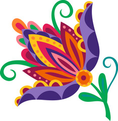 Obraz premium Mexican folk embroidery spring flower decoration with green stem red and purple petals. Mexican folk element, Latin American culture floral vector decor. Hispanic colorful flower isolated decoration